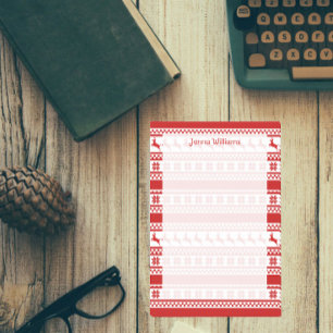 Red and White Nordic Reindeer Print Personalised Post-it Notes