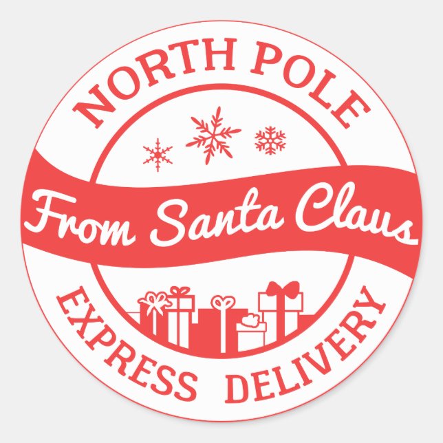 Red and white North Pole delivery gift sticker (Front)