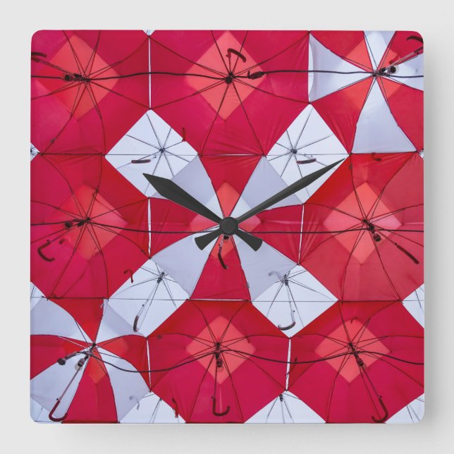Red and White Open Umbrella Ceiling Square Wall Clock (Front)