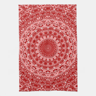 Red and White Ornamental Mandala Pattern Tea Towel