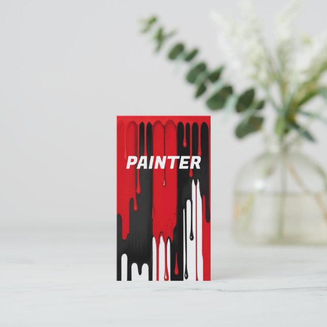 Red and White Paint Dripping Painter Business Card (Standing Front)