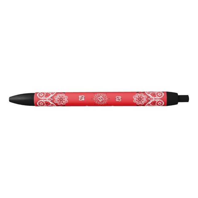 Red and white paisley bandanna pattern black ink pen (Front)