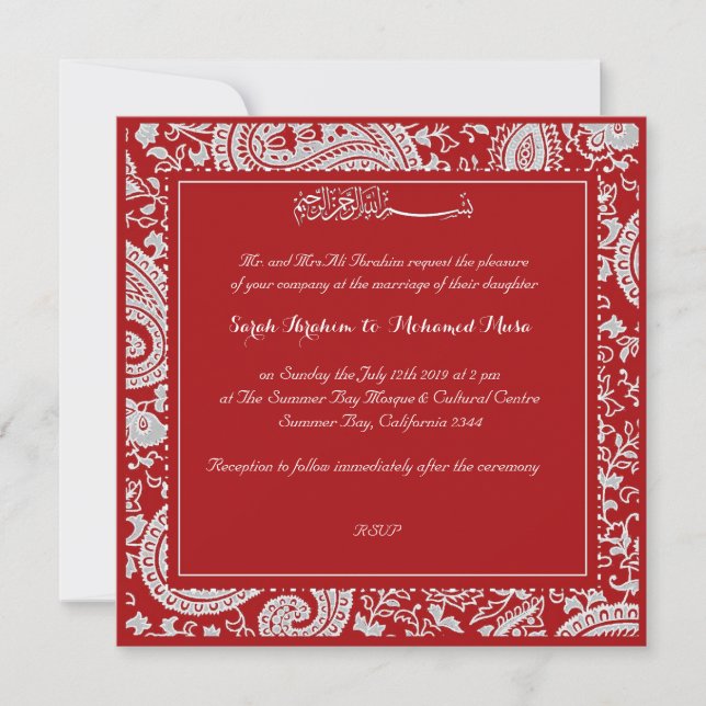 Red and white paisley muslim wedding invitation (Front)