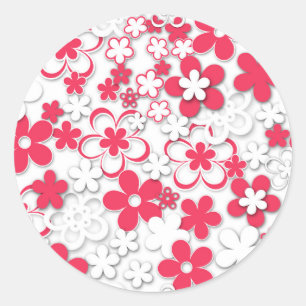 Red and white paper flowers classic round sticker