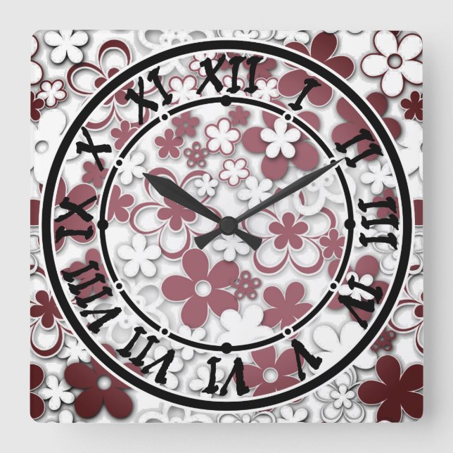 Red and white paper flowers square wall clock (Front)