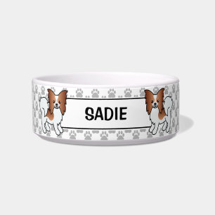 Red And White Papillon Cute Cartoon Dog & Name Bowl