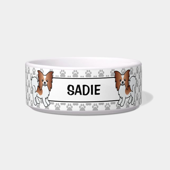 Red And White Papillon Cute Cartoon Dog & Name Bowl (Front)