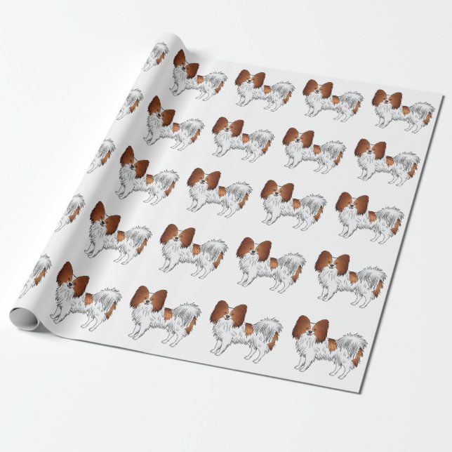 Red And White Papillon Cute Cartoon Dog Pattern Wrapping Paper (Unrolled)