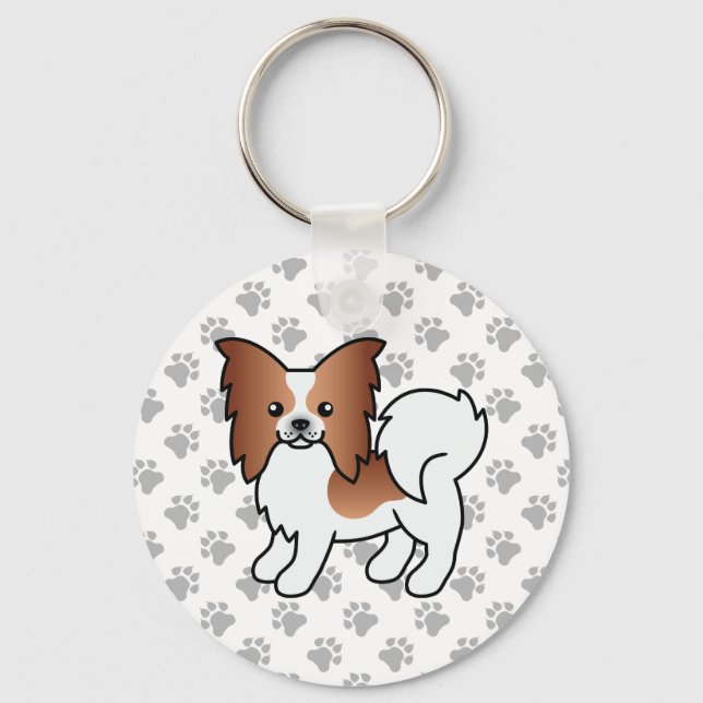 Red And White Papillon Cute Cartoon Dog & Paws Key Ring (Front)