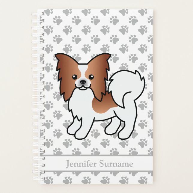 Red And White Papillon Cute Cartoon Dog & Text Planner (Front)