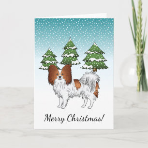 Red And White Papillon Cute Dog In Winter Forest Card