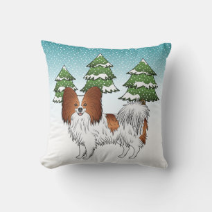Red And White Papillon Cute Dog In Winter Forest Cushion