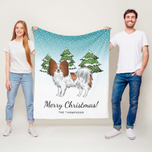 Red And White Papillon Cute Dog In Winter Forest Fleece Blanket
