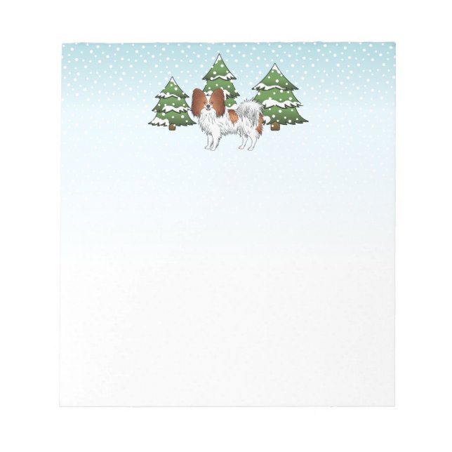 Red And White Papillon Cute Dog In Winter Forest Notepad (Front)