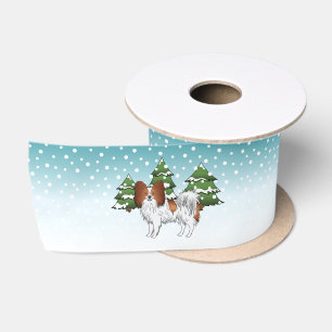 Red And White Papillon Cute Dog In Winter Forest Satin Ribbon