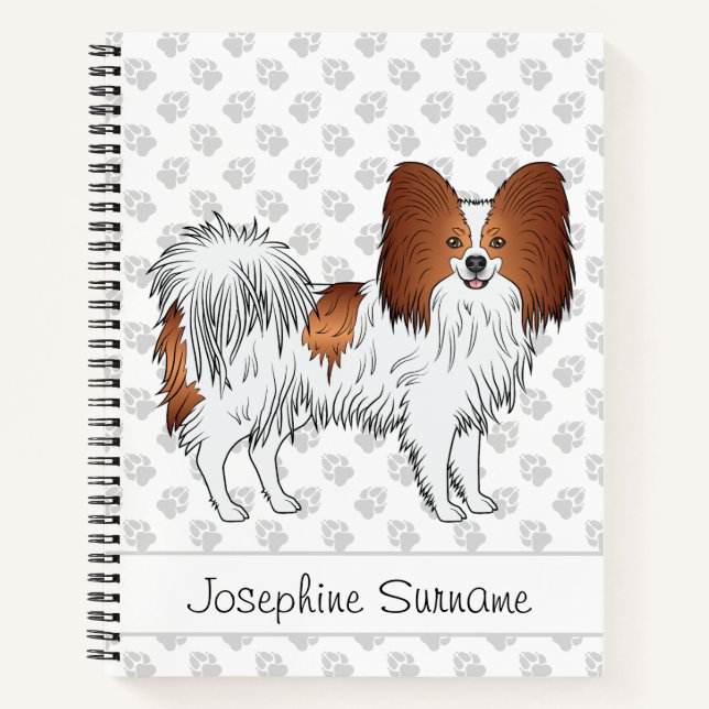 Red And White Papillon Cute Dog With Custom Text Notebook (Front)