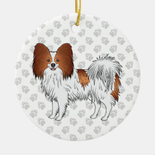 Red And White Papillon Cute Dog With Paws Ceramic Tree Decoration