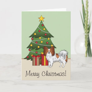 Red And White Papillon Dog By A Christmas Tree Card