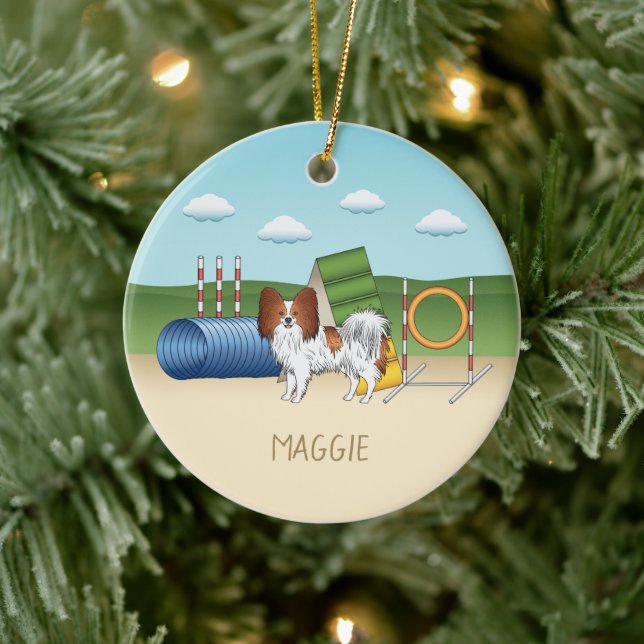 Red And White Papillon With Agility Equipment Ceramic Tree Decoration (Tree)