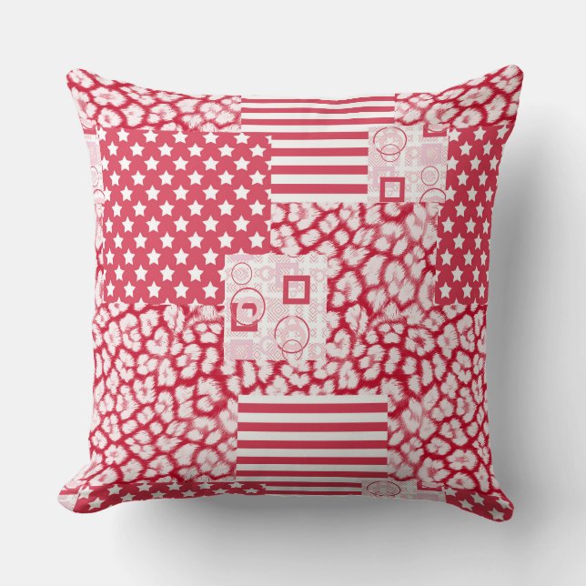  Red and white patchwork rustic Cushion (Front)