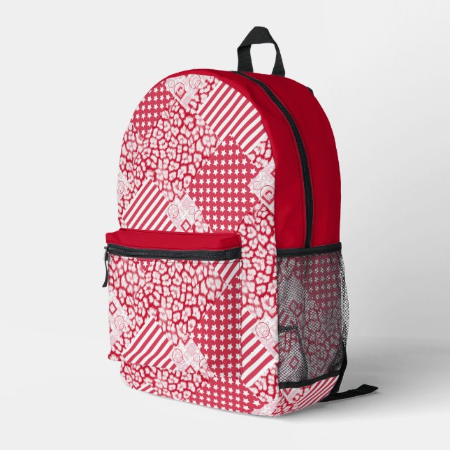  Red and white patchwork rustic Printed Backpack (Back Corner Right)