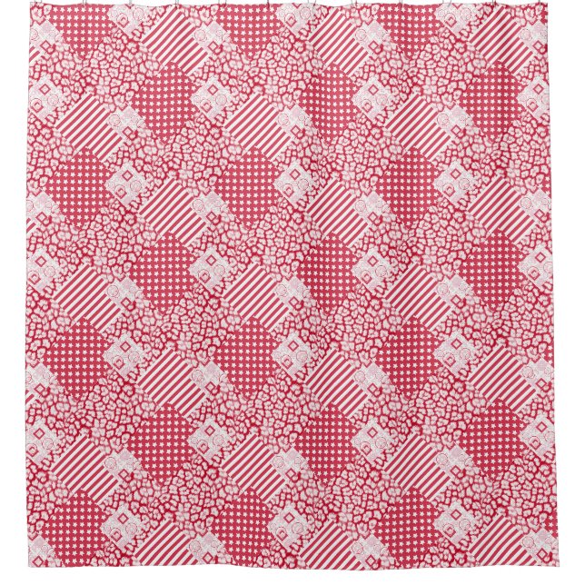  Red and white patchwork rustic Shower Curtain (Front)