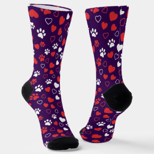 Red and White Paw Print and Heart Pattern Socks
