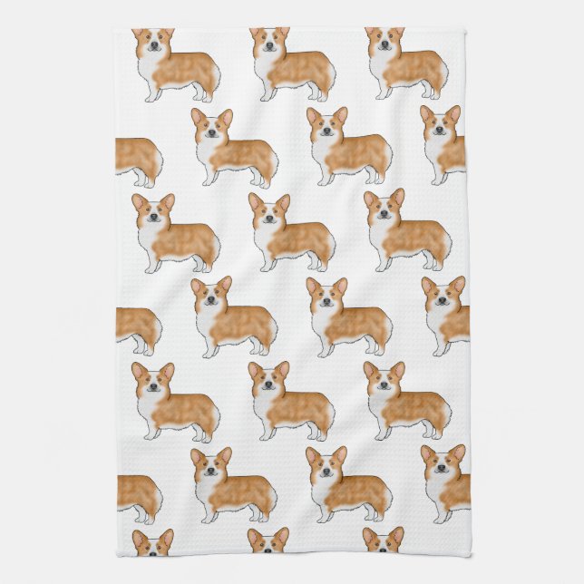 Red And White Pembroke Welsh Corgi Dog Art Pattern Tea Towel (Vertical)