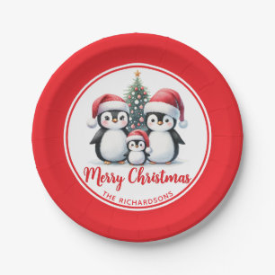 Red and White Penguins Family Merry Christmas Paper Plate