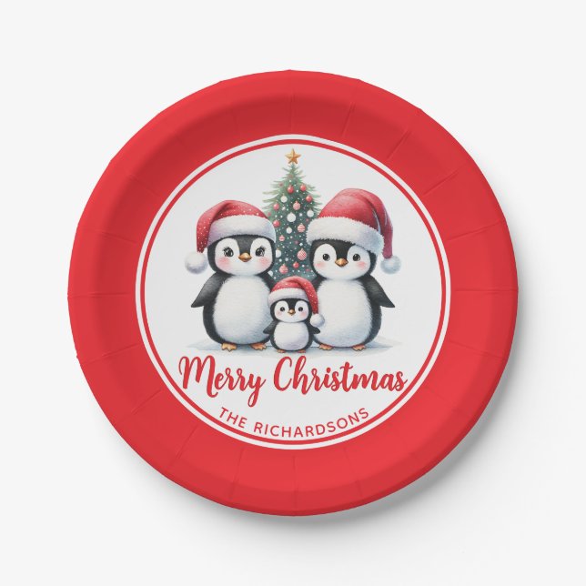 Red and White Penguins Family Merry Christmas Paper Plate (Front)