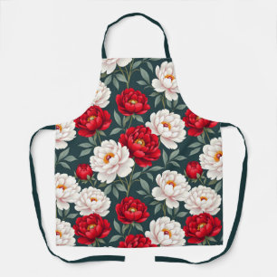 Red and white peony flowers  apron