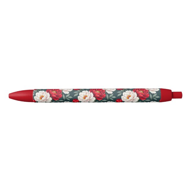 Red and white peony flowers  black ink pen (Front)