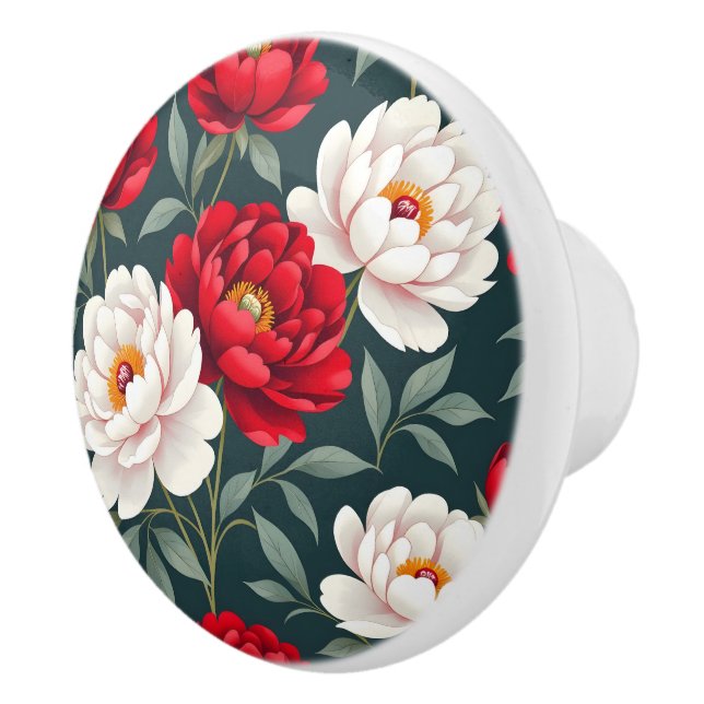Red and white peony flowers  ceramic knob (Right)