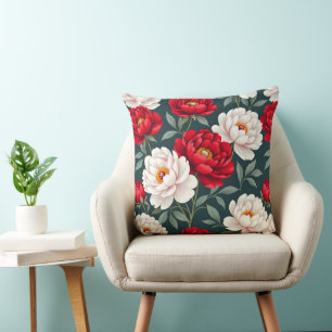 Red and white peony flowers cushion
