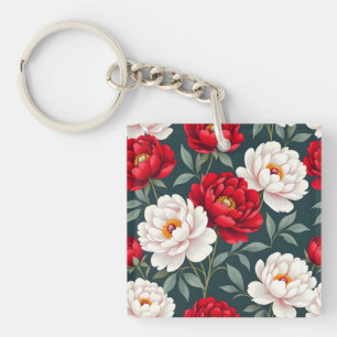 Red and white peony flowers key ring
