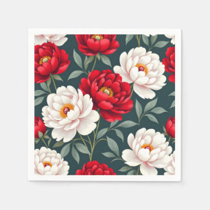 Red and white peony flowers napkin