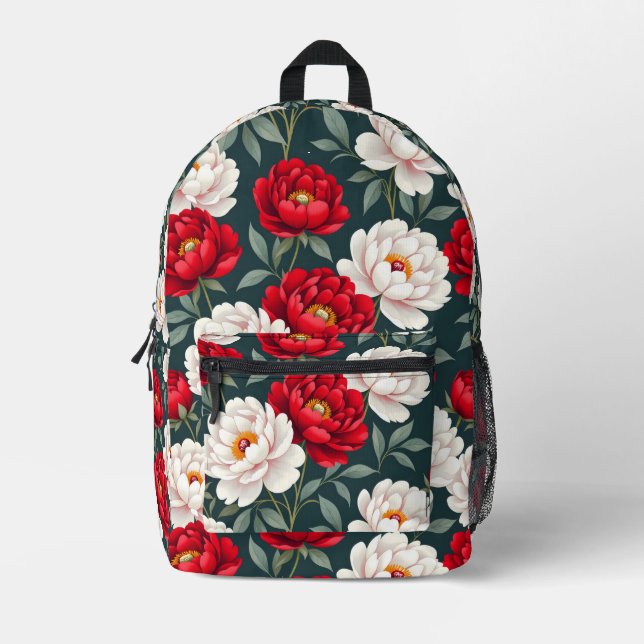 Red and white peony flowers  printed backpack (Front)