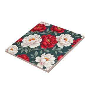 Red and white peony flowers tile