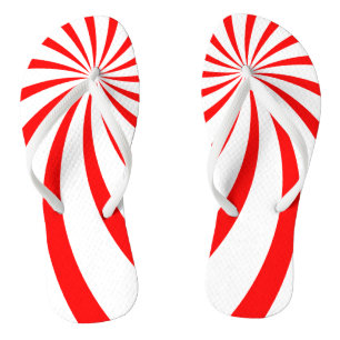 Red and White Peppermint Sunburst Pattern Flip Flops