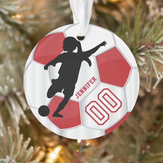 Red and White Personalise Girl Soccer Player Ornament (Tree)