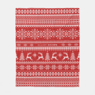 Red And White Personalised Name Christmas Sweater Fleece Blanket