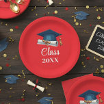 Red and White Personalized Class Graduation Paper  Plate<br><div class="desc">Red and White Personalized Class of 20XX Graduation Paper Plate Celebrate your academic achievement in style with these vibrant red graduation party paper plates. Featuring a classic blue graduation cap (mortarboard) and a rolled diploma with a gold ribbon, this design is perfect for high school or university celebrations. You can...</div>