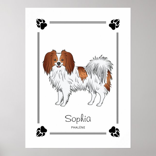 Red And White Phalène And Personalised Dog Name Poster (Front)