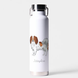 Red And White Phalène Dog With Personalised Name Water Bottle