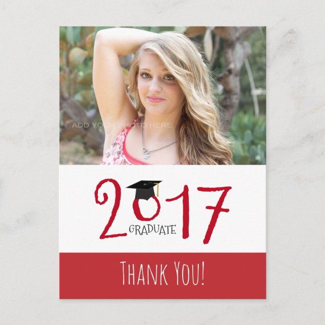 Red and White, Photo Graduation Thank You Announcement Postcard (Front)
