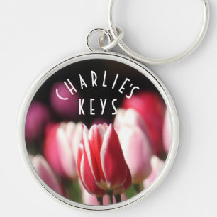 Red and white, Pink Tulips *personalise* Key Ring