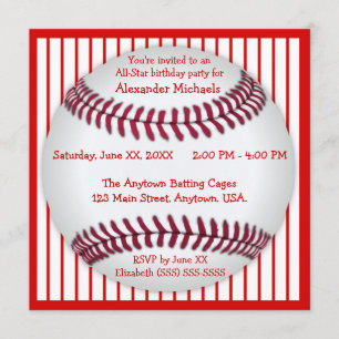 Red and White Pinstripes Baseball Birthday Party Invitation