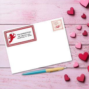 Red and White Plaid Gingham Valentine Cupid Label