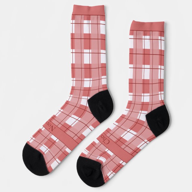 Red and White Plaid, Text on Foot Socks (Left)