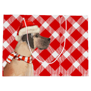 Red and White Plaid with Great Dane Dog Christmas Large Gift Bag